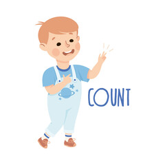 Sticker - Little Boy Counting with Fingers Demonstrating Vocabulary and Verb Studying Vector Illustration