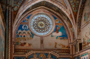 Ancient Papal basilica of San Francesco of Assisi. Art and religion. Black and white