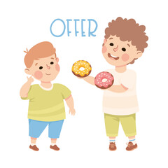 Sticker - Little Boy Offering Donut to Agemate as Demonstration of Vocabulary and Verb Studying Vector Illustration