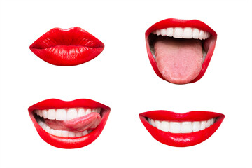 Wall Mural - Set of woman's mouths with red glossy lips smiling, showing tongue, kissing isolated on a white background. Smiles, joy, laughter, positive emotions. Contemporary art. Modern design. Trendy icons