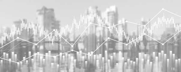Wall Mural - financial chart with line graph in stock market and silhouette people walking in cityscape backgroun