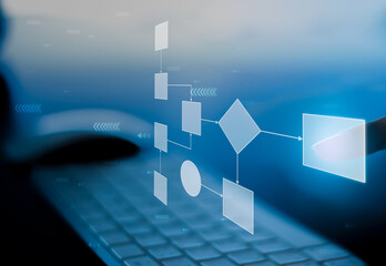 business process and workflow automation with flowchart, businessman in background