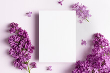 Wedding Invitation Card Mockup With Spring Lilac Flowers On White