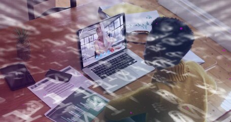 Sticker - Animation of data processing over african american businesswoman using laptop for video call