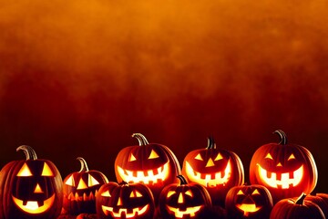 A row carved jack o’lantern Halloween pumpkins along the bottom of the image against a dark orange grunge background.