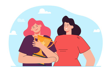 Wall Mural - female character looking at happy woman hugging trophy. cartoon girls winning competition or contest