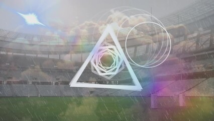 Canvas Print - Animation of white shapes and rain falling over stadium