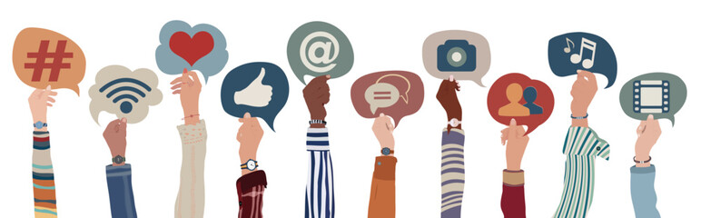 Canvas Print - Group hands up of diverse culture of people holding speech bubble with social media signs and symbols. Concept sharing friendship exchange community communication on social media. Isolated