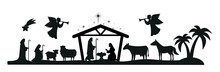 Christmas Nativity Scene With Baby Jesus, Mary And Joseph In The Manger.Traditional Christian Christmas Story. Vector Illustration For Children. Eps 10