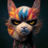 Fototapeta Tęcza - Cartoon  face of a cute funky angry cat 3D illustration for children in a colorful style reflecting happiness  
