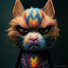  Cartoon  face of a cute funky angry cat 3D illustration for children in a colorful style reflecting happiness  