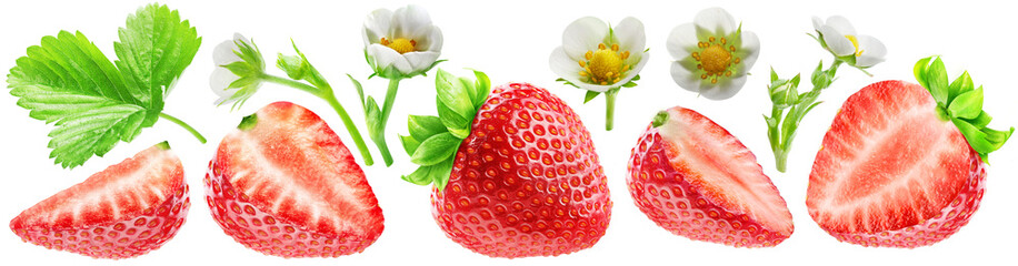 A set of ripe strawberries: whole and cut. Leaf and flowers of strawberry. PNG with transparent background.