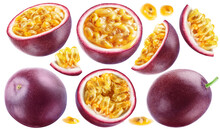 A Set Of Ripe Passion Fruits: Whole And Cut. PNG With Transparent Background.