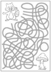 Wall Mural - Maze game and funny labyrinth and coloring book for kids. Find way for cute cartoon raccoon to mushrooms. Children education activity page and worksheet. Cartoon vector illustration.