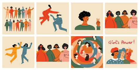 Wall Mural - Women friendship group. Diverse female team standing together, holding hands, girls power, multinational sisterhood community vector illustration. Friendship group females, people diversity