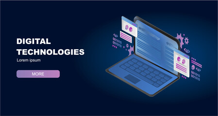 laptop isometric banner with diagrams and programmer code, digital technology, IT, programming, IT analytics, software development, data science, data analysis, microchip, ultraviolet, website layout