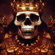 Human skull on dark natural mistery background. Royal skull in gold on the tron.