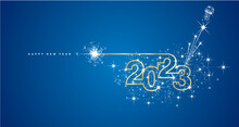Happy New Year 2023 Compact Line Design Sparkle Firework Open Champagne New Year Eve Golden White Blue Vector Wallpaper Greeting Card