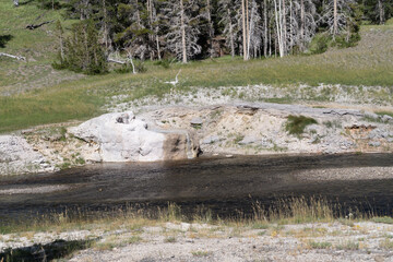 Riverside Geyser, before it erupts, on a sunny day in Yellowstone National Park