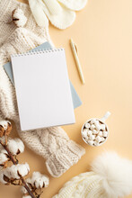 Winter Concept. Top View Vertical Photo Of Cozy Sweater Knitted Hat Mittens Diaries Pen Cup Of Cocoa With Marshmallow And Cotton Branch On Isolated Beige Background With Blank Space