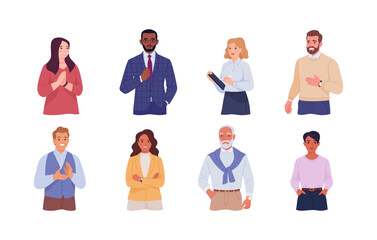 Wall Mural - Business people avatars collection. Close-up vector cartoon illustration of people of different ages and ethnicities in office outfits. Isolated on white background