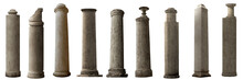 Set Of Antique Columns, Collection Of Damaged Pillars Isolated On White Background