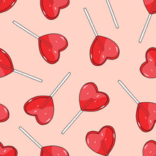 Love Candy. Seamless Pattern With Red Heart Shaped Lollipop. Background For Valentine’s Day And Romantic Holidays. Hand Drawn Vector Illustration