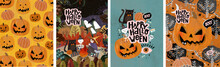 Happy Halloween. Vector Cute Illustrations: Pumpkin Head, Black Cat, Funny Skeleton, Ghosts, Eyes For Postcard Creation, Background, Card And Poster	
