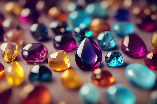 Colorful gemstones, mix of different shapes and colors, precious gems, 3d illustration