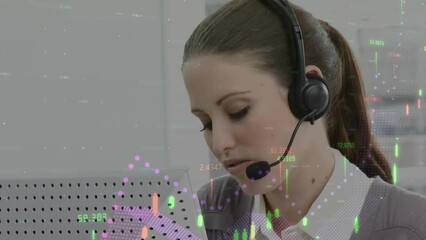 Sticker - Animation of financial data processing over caucasian businesswoman using phone headset