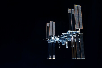 Wall Mural - International space station over the planet. Elements of this image furnished by NASA