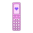 Retro flip phone in retrowave aesthetic. Pixel purple heart. Vector nostalgic illustration in y2k, 00s, 90s concept