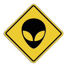Diamond-shaped Crossing Sign With Yellow Background And Black Border With A Black Alien Face In The Middle.