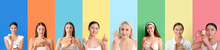 Set Of Women With Different Skin Care Cosmetics On Color Background