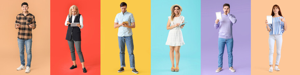 Set of people with tablet computers on colorful background