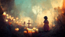 Cemetery With A Little Girl In Day Of The Dead With Candles, 3d Illustration