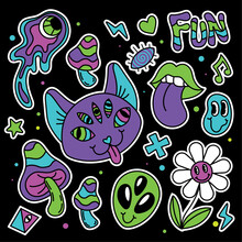 Colored Group Of Groovy Emotes And Icons Abstract Cat Vector