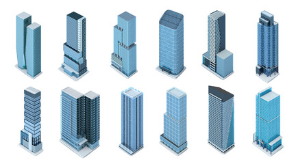 Wall Mural - Set of isometric skyscrapers buildings isolated on white. 3d illustration