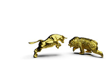 Metallic Gold Bull And Bear Sculpture Staring At Each Other In Dramatic Contrasting Light Representing Financial Market Trends Under White Background. Concept 3D CG Of Stock Market. PNG File Format.