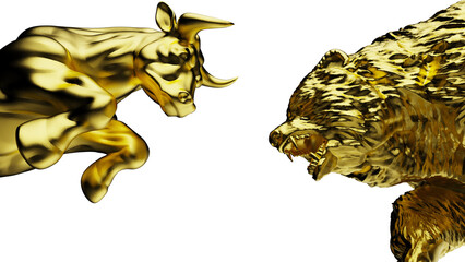 Metallic gold bull and bear sculpture staring at each other in dramatic contrasting light representing financial market trends under white background. Concept 3D CG of stock market. PNG file format.