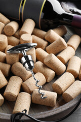 Canvas Print - Corkscrew, wine bottle and stoppers on wooden tray, closeup