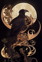 Halloween Illustration Of Raven Silhouetted By Moon With Decorative Perch