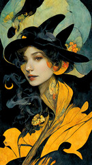 Halloween painting of a beautiful woman with black witch hat