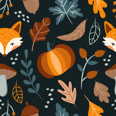 Poster - autumn seamless pattern with fox, leaves and mushroom on a dark background