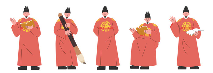 Wall Mural - a collection of movements of king sejong holding a book or a brush. flat design style vector illustr