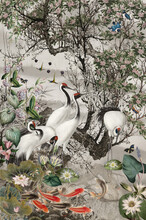 Wallpaper Vintage With Birds Grus Grus In Lake With Bamboo Plants Flying Forste Japan With Fish And White Background