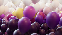 Modern Festival Background, With Plum, Yellow And White Balloons. 3D Render.