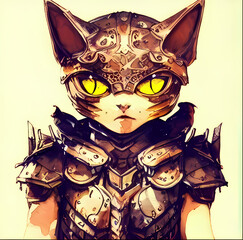 Cat knight wearing intricate armor in anime style