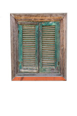 Wall Mural - Old wooden window with closed green attice shutters. Vertical. Isolated on a white background.