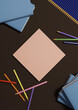© Little River - Dark brown 3D illustration back to school product display one podium or stand top view, flat lay, from above with pencils, and books on table for product photography background or wallpaper